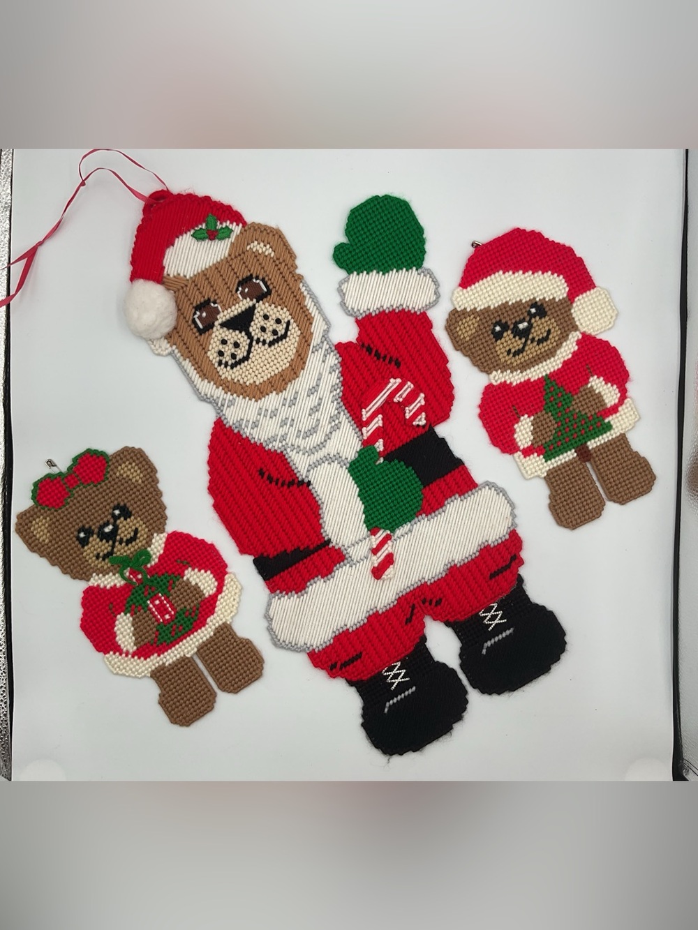 Vtg Christmas Santa Bear Wall Hanging Plastic Yarn Needlepoint Folk Art Decor